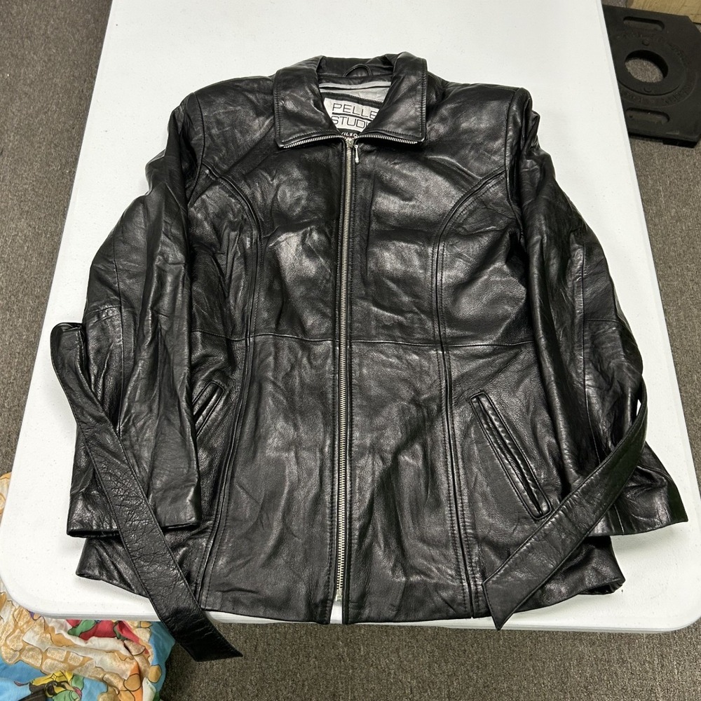Pelle Studio Leather Jacket Womens Medium Black Wilsons Thinsulate Belted Zip